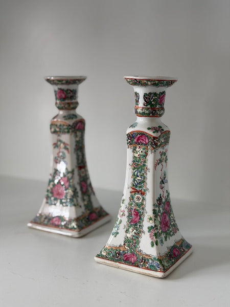 0941 Antique Famille Rose Chinese Pair Candle Holders