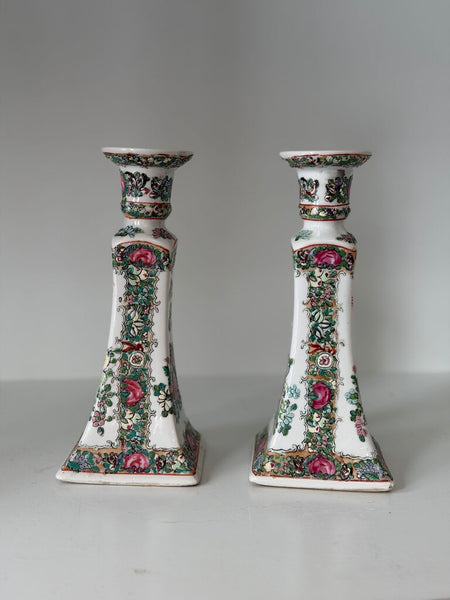 0941 Antique Famille Rose Chinese Pair Candle Holders