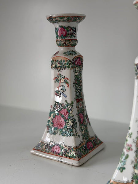 0941 Antique Famille Rose Chinese Pair Candle Holders