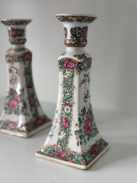 0941 Antique Famille Rose Chinese Pair Candle Holders
