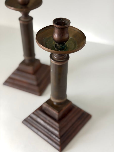 0942 vintage wood and brass candleholders pair