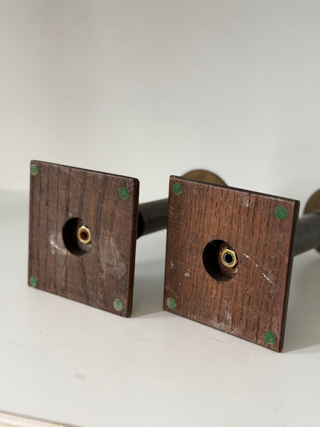 0942 vintage wood and brass candleholders pair