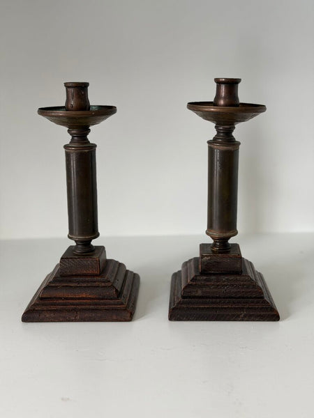 0942 vintage wood and brass candleholders pair