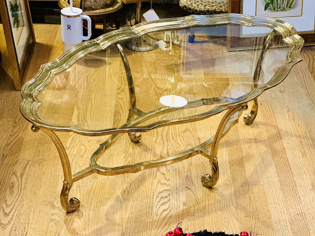 VINTAGE LABARGE OVAL SCALLOPED BRASS COFFEE TABLE 48" x 28" x 16 1/2" (SWOON)