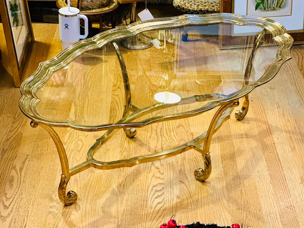 VINTAGE LABARGE OVAL SCALLOPED BRASS COFFEE TABLE 48" x 28" x 16 1/2" (SWOON)