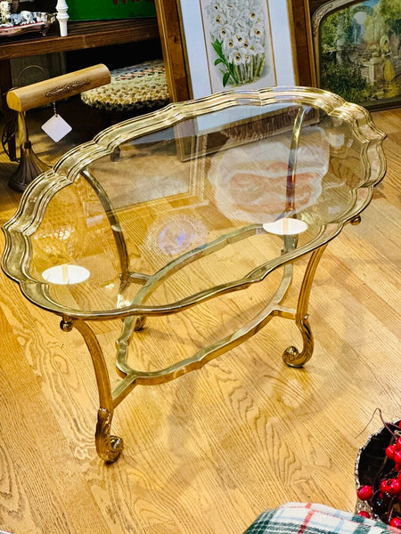 VINTAGE LABARGE OVAL SCALLOPED BRASS COFFEE TABLE 48" x 28" x 16 1/2" (SWOON)