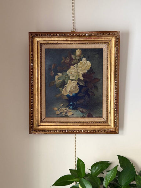 0432 19th Century Yellow Roses Still Life Oil on Board Painting