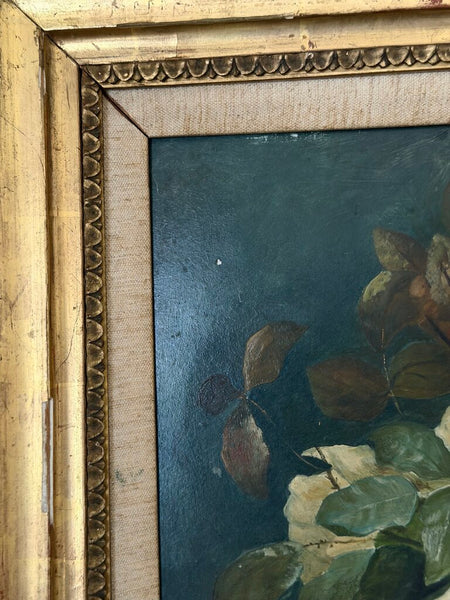 0432 19th Century Yellow Roses Still Life Oil on Board Painting