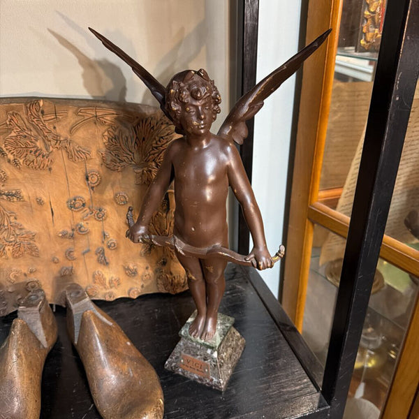 Auguste Louis Moreau (1834 - 1917) French, singed bronze Winged Cupid Sculpture "VICI", 18.5 in. height