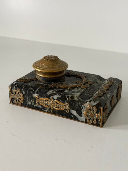 0469 Antique French Empire Green Marble & Bronze Inkwell