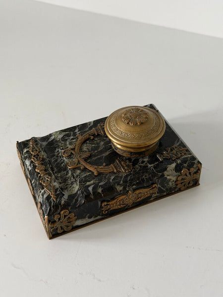 0469 Antique French Empire Green Marble & Bronze Inkwell