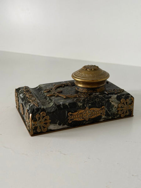 0469 Antique French Empire Green Marble & Bronze Inkwell