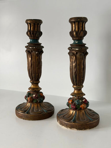 0965 Antique hand painted plaster candle holder pair