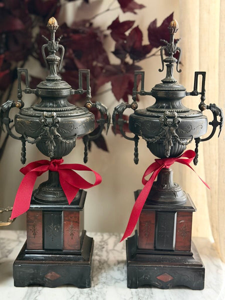 0402 C. 1850's French Marble and Bronze Mantle Garnitures