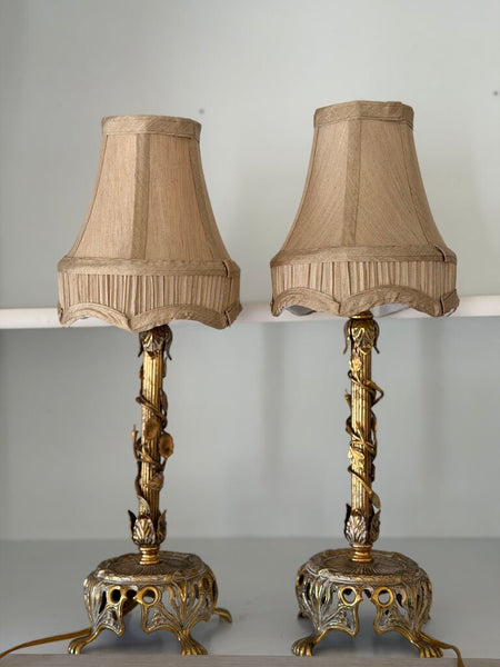 0014 Gilt Metal Floral Lamp Pair w/ shades (as-is) both work