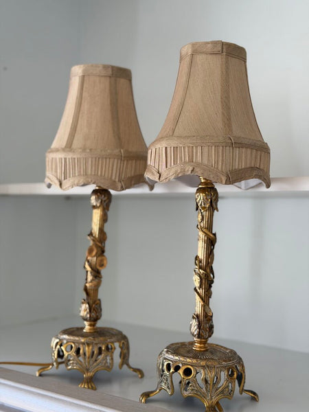 0014 Gilt Metal Floral Lamp Pair w/ shades (as-is) both work