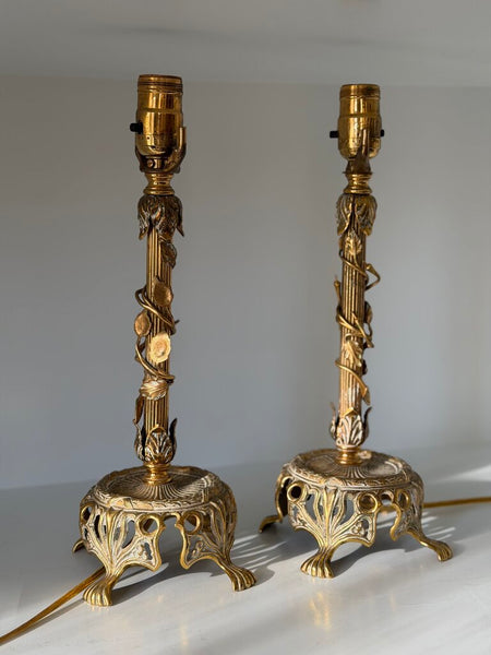 0014 Gilt Metal Floral Lamp Pair w/ shades (as-is) both work