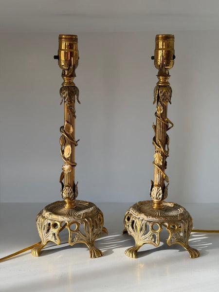 0014 Gilt Metal Floral Lamp Pair w/ shades (as-is) both work