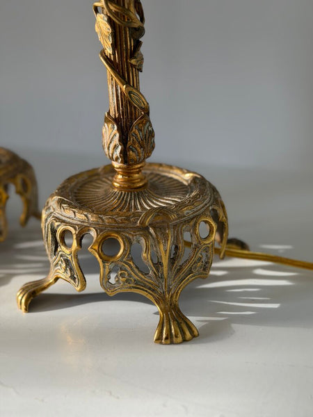 0014 Gilt Metal Floral Lamp Pair w/ shades (as-is) both work