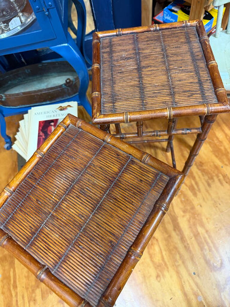 Pair Vintage Coastal Boho Chic Wicker Top & Faux Bamboo Plant Stands (in-store pick up only)