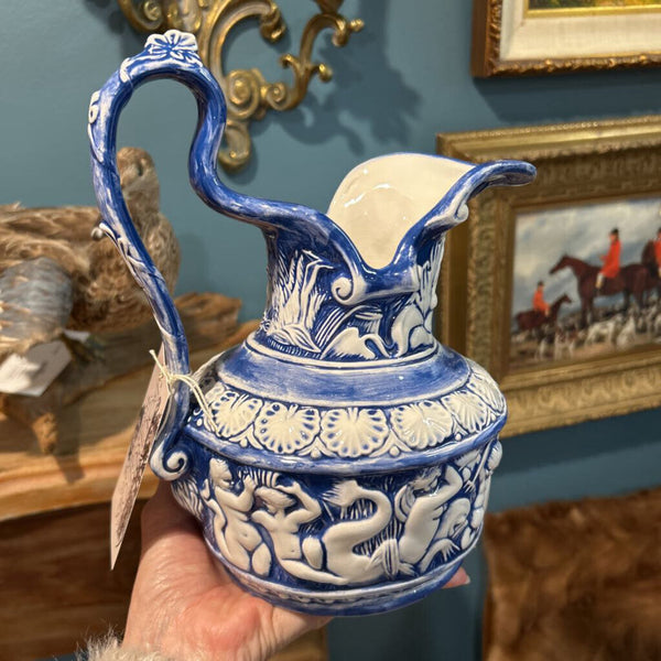 BLUE AND WHITE RELIEF PITCHER 9"