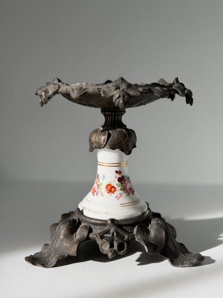 0787 French Victorian Iron & Porcelain Painted Compote
