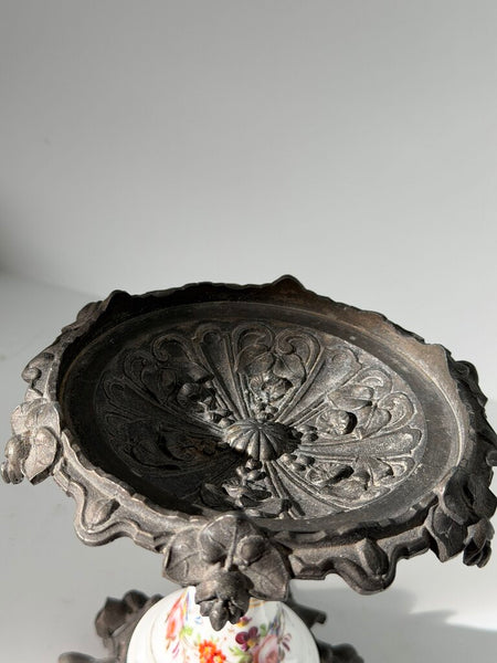 0787 French Victorian Iron & Porcelain Painted Compote