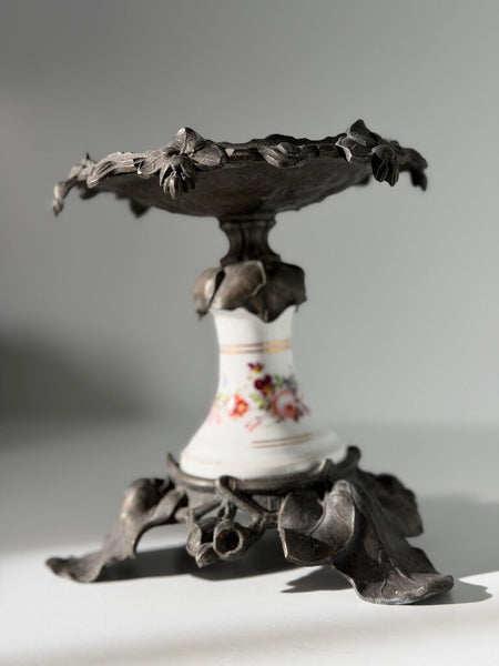 0787 French Victorian Iron & Porcelain Painted Compote