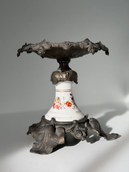 0787 French Victorian Iron & Porcelain Painted Compote