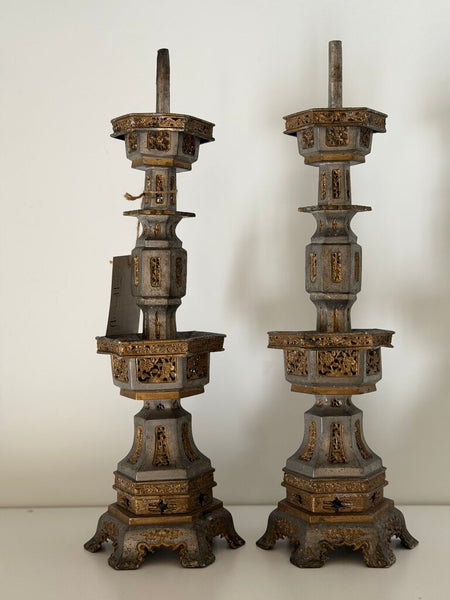 0304 19th Century Very Heavy Pewter Chinese Candle Holder Pair