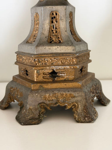 0304 19th Century Very Heavy Pewter Chinese Candle Holder Pair