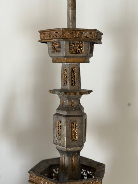 0304 19th Century Very Heavy Pewter Chinese Candle Holder Pair