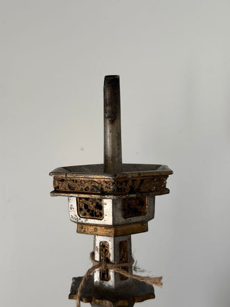 0304 19th Century Very Heavy Pewter Chinese Candle Holder Pair