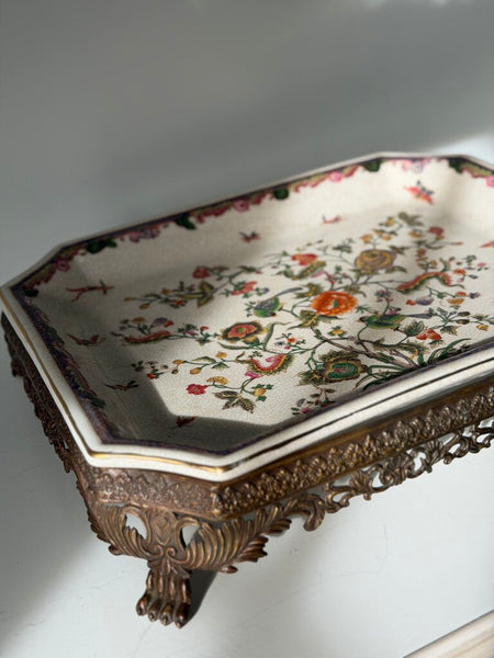 0034 Hand-Painted Chinese Porcelain Tray w/ Metal removable base