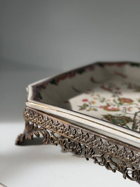 0034 Hand-Painted Chinese Porcelain Tray w/ Metal removable base