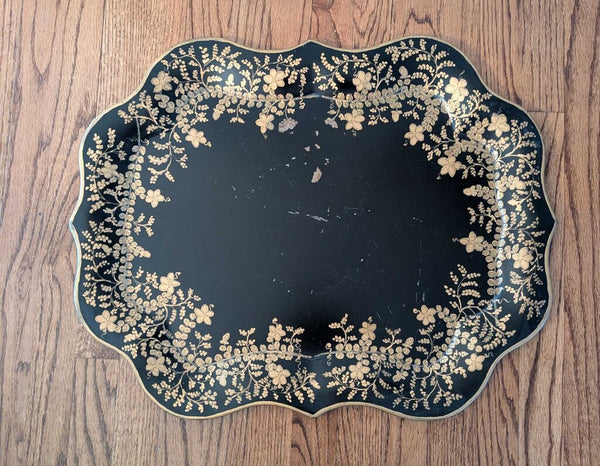 Antique Handpainted Black/Gold Metal Tray (Signed) 25x19