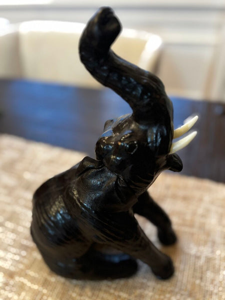 Vintage Brown Leather Wrapped Sitting Elephant With Raised Trunk