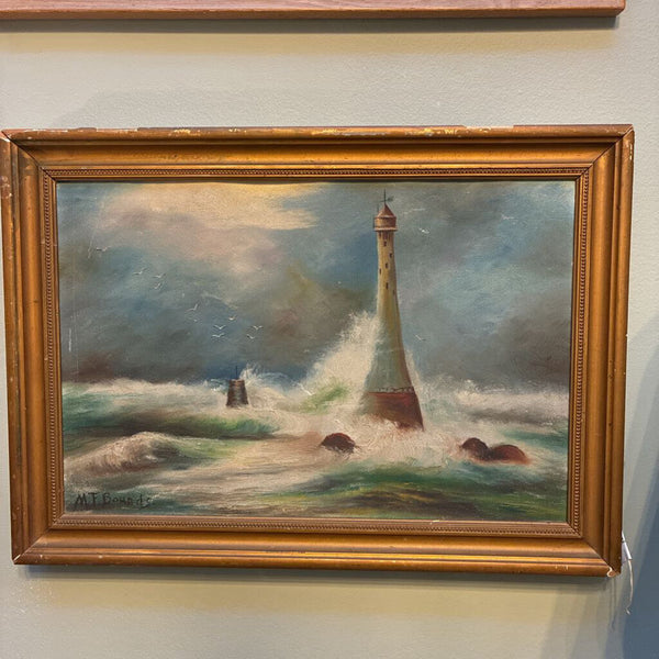 Vintage Stormy Lighthouse Framed Oil Painting 15" x 21"