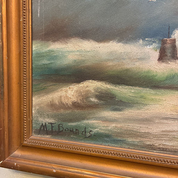 Vintage Stormy Lighthouse Framed Oil Painting 15" x 21"