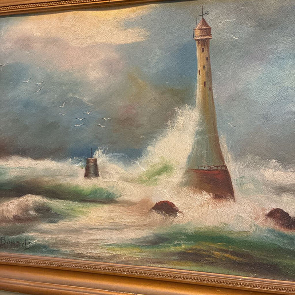 Vintage Stormy Lighthouse Framed Oil Painting 15" x 21"