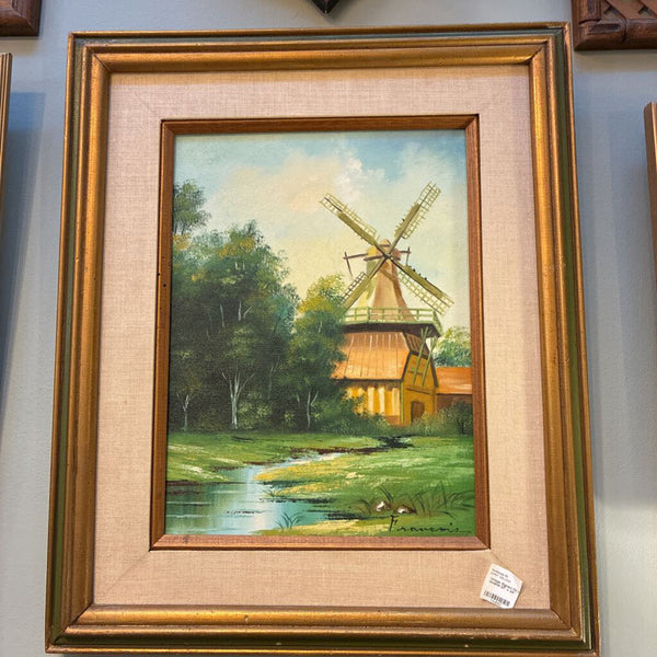 Vintage Signed Oil Painting of Windmill 20" x 24"