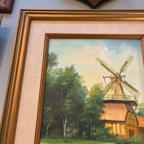 Vintage Signed Oil Painting of Windmill 20" x 24"