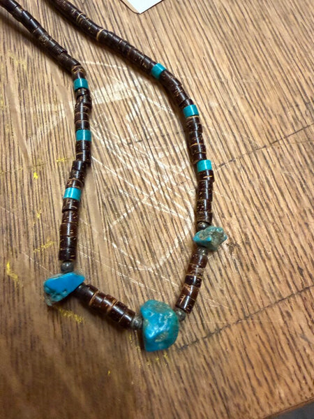 Vintage Native American Heishi, Turquoise & Silver Plated Beaded Necklace