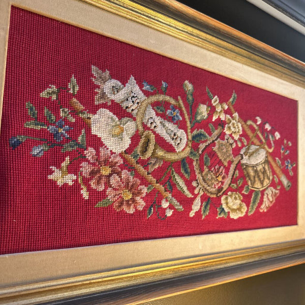 FRAMED MUSICAL NEEDLPOINT 29" X 16 1/2". STORE PICK UP (SWOON)