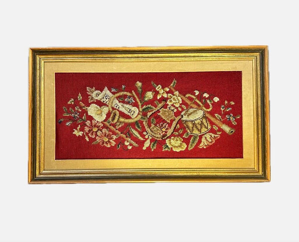 FRAMED MUSICAL NEEDLPOINT 29" X 16 1/2". STORE PICK UP (SWOON)