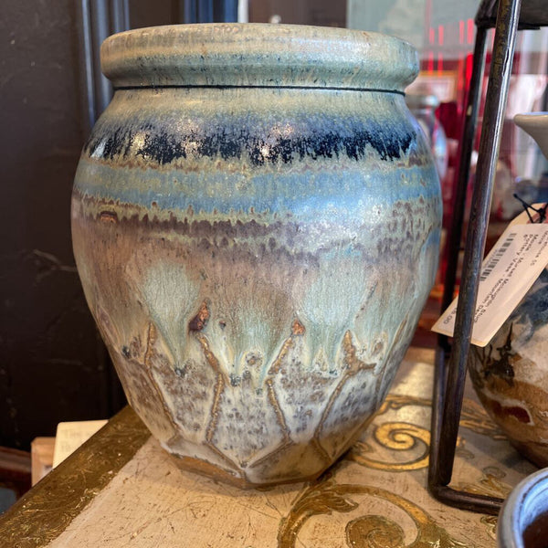 Moxie - Signed 1982 Blue & Taupe Pottery Vase - 7"