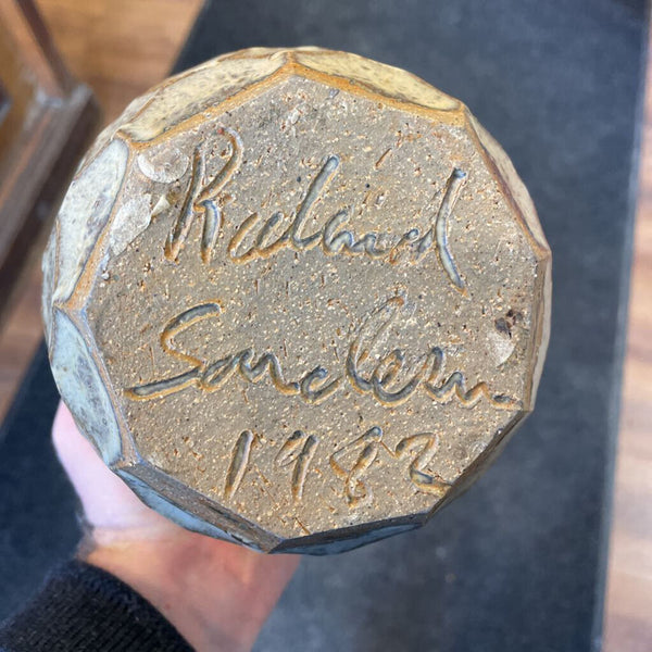 Moxie - Signed 1982 Blue & Taupe Pottery Vase - 7"