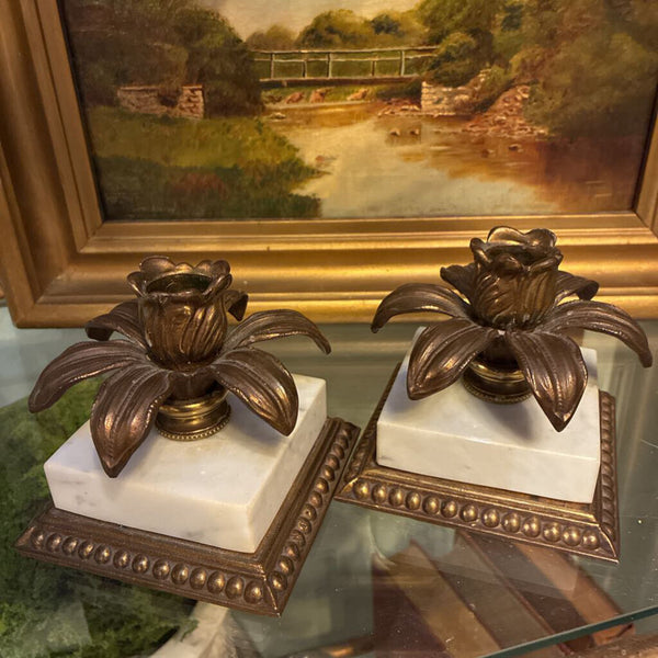 Vintage Brass/Marble Set of Candleholders 4" x 4"