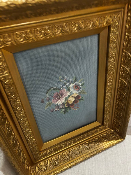 Antique Framed Needlpoint of Roses w/Blue Background 22x17