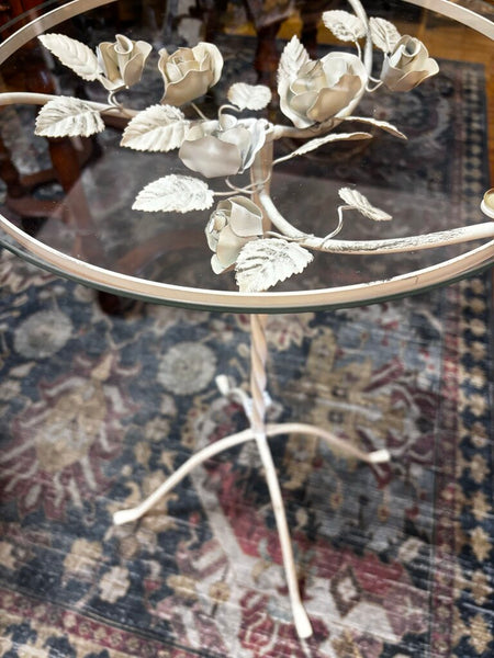 Mid Century Rose Wrought Iron Glass Top Side Table 27.5H x 16R (in store PU)